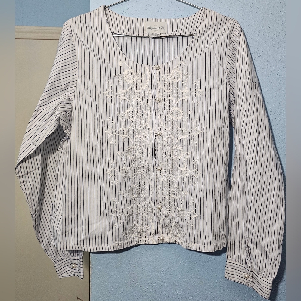 Lingerie & Co. - Women's Striped Blouse - Embroidered Detail - MD - 100% Cotton